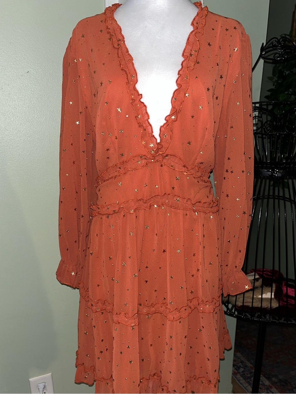 Rust Orange Star-Embellished Ruffle Backless Dress